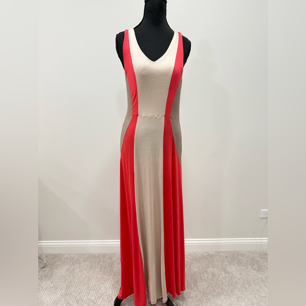 Monteau Cream and Red Sheath Maxi Dress V-Neck Sleeveless
